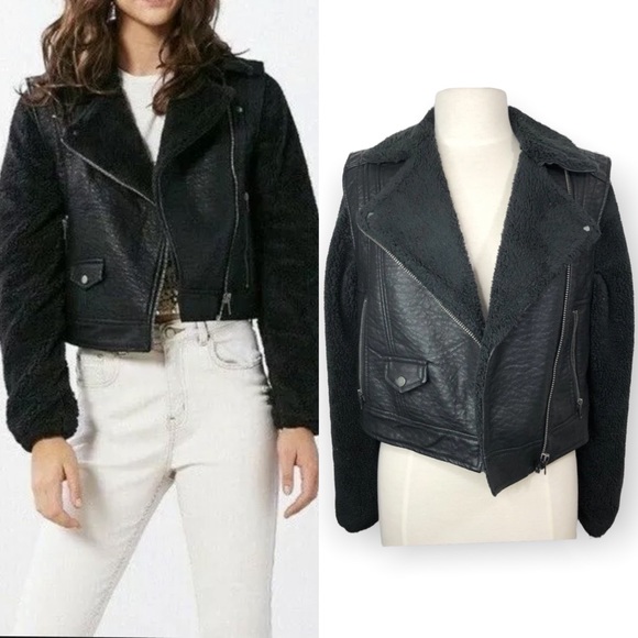 BDG Jackets & Blazers - BDG Faux Leather Sherpa Lining Black Moto Biker Jacket